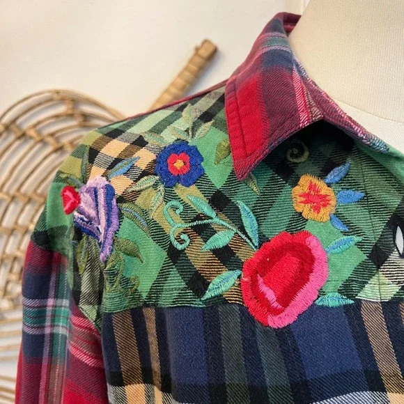 Vintage Patchwork Plaid Embroidered Shirt Cotton Button Up L Boho Western - Picture 4 of 8